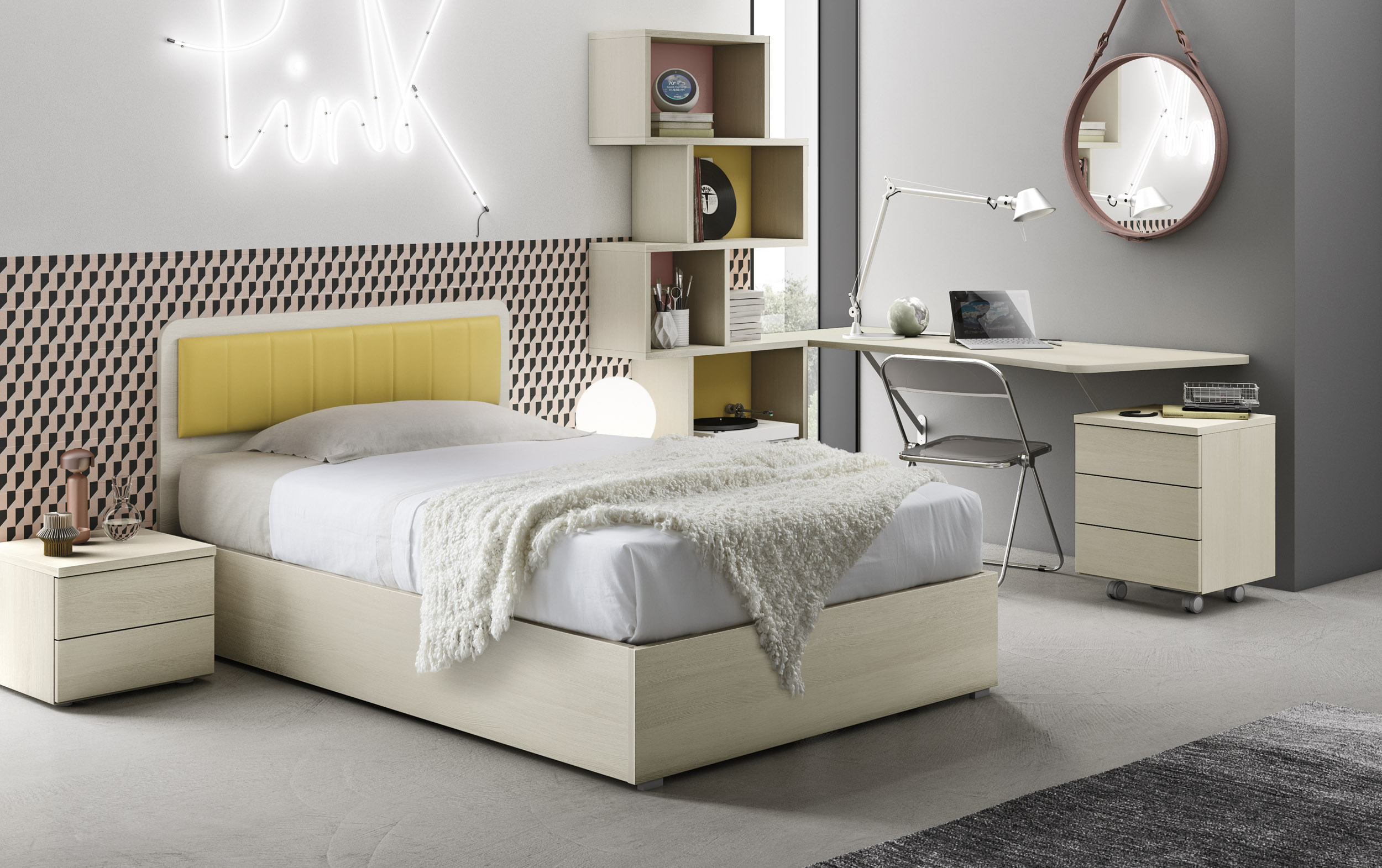 letto singolo con contenitore e testata imbottita